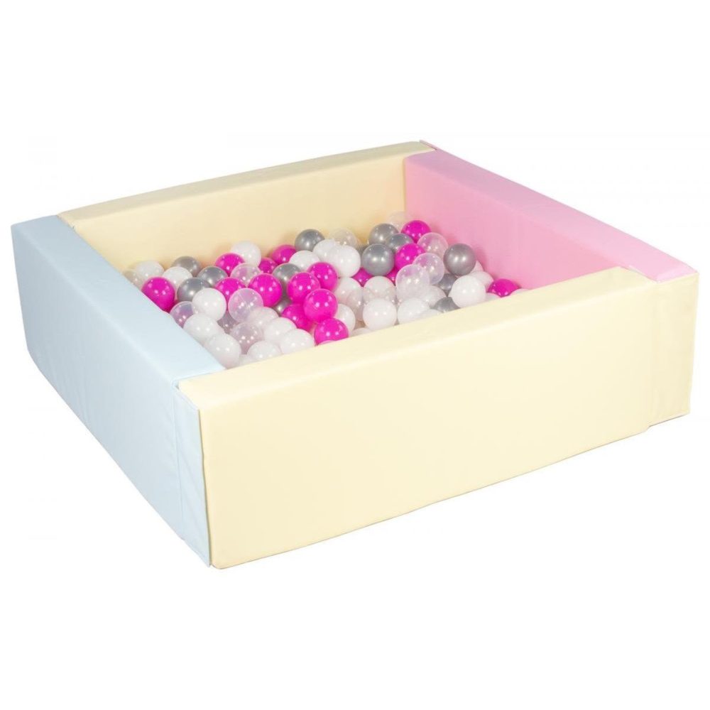 VELINDA Piscine à balles carrée avec 300 balles – rose, bleu, jaune p/blanc, transparent, rose,, coloris argent